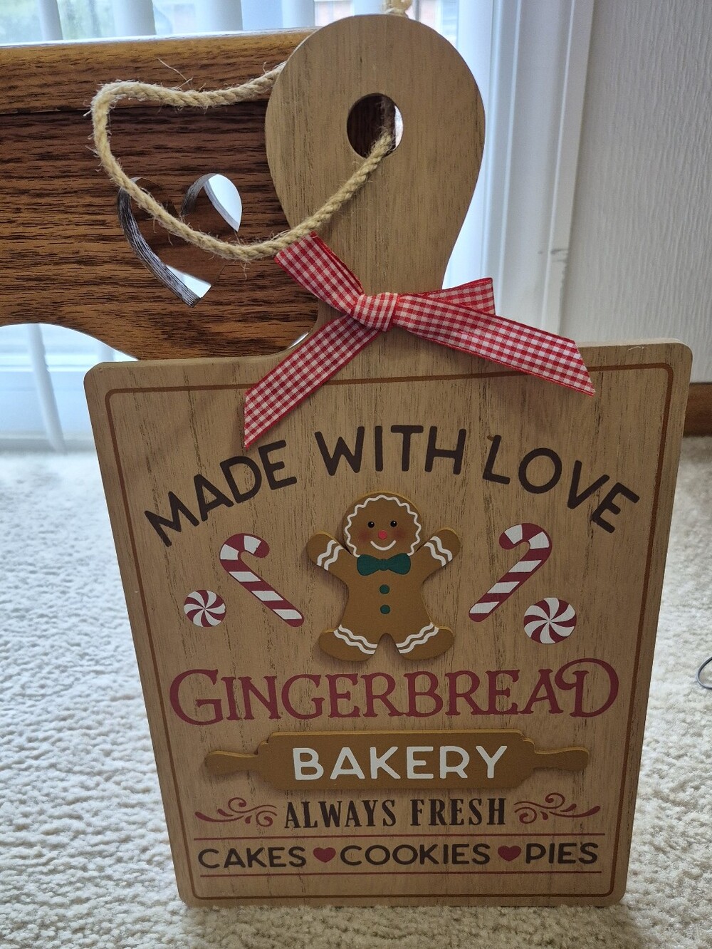 Gingerbread Bakery Wooden Holiday Sign – Made With Love (Red Ribbon). NEW